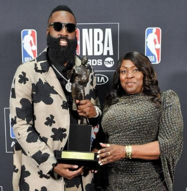 Monja Willis with her son James Harden after receiving the MVP award in 2018.